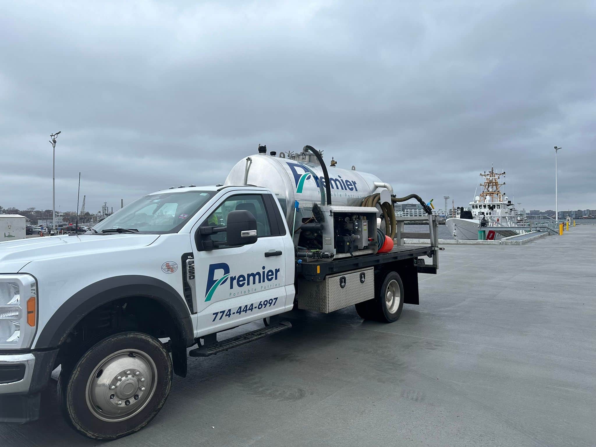 Premier service truck supporting a Fall River construction-site portable restroom rental